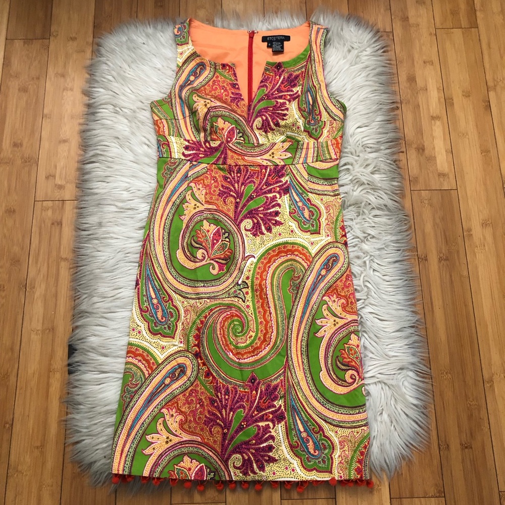 Etcetera Paisley Floral Pom Pom Sleeveless Multicolor Sheath Dress size 6